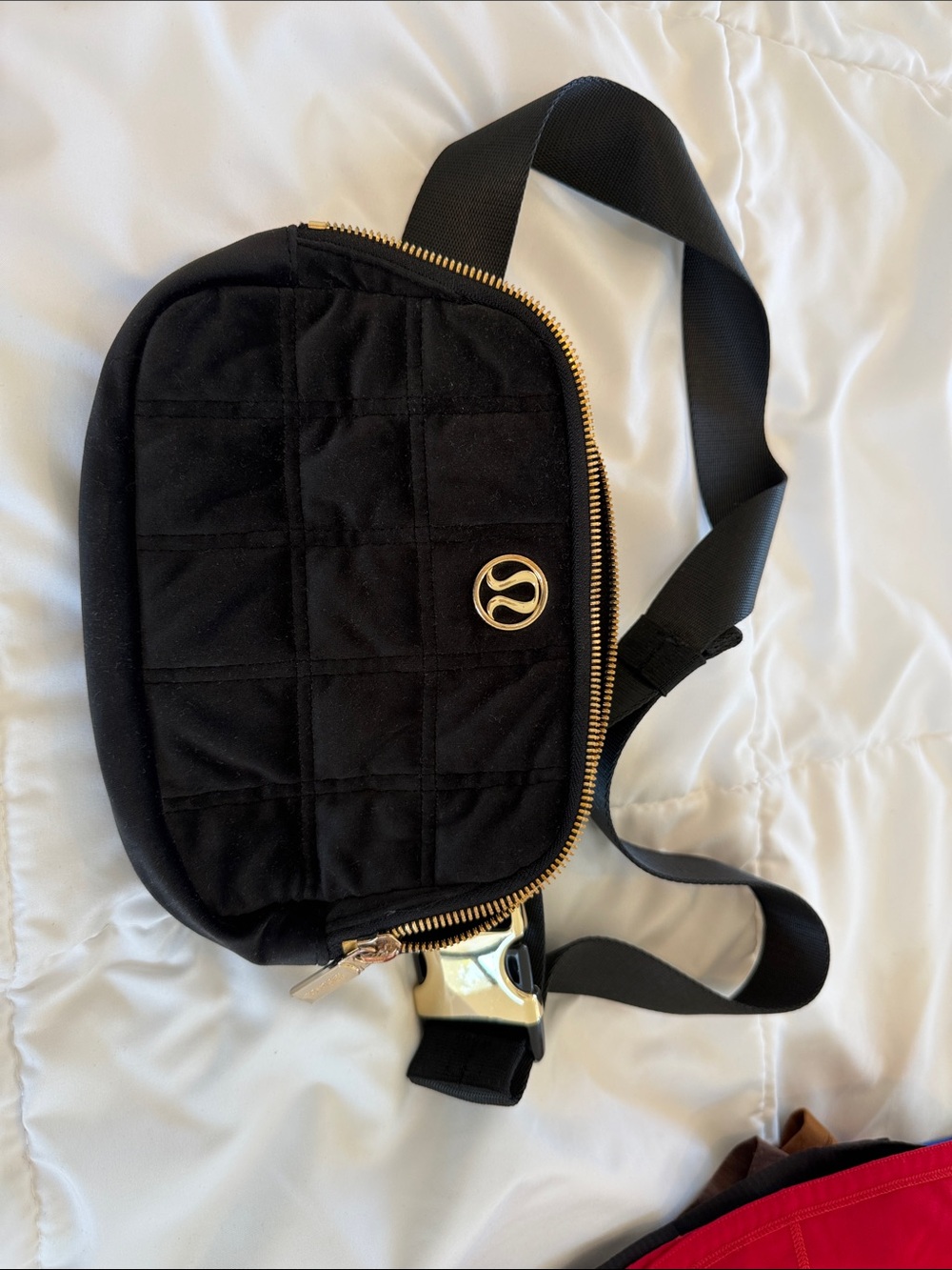 lululemon athletica Black Quilted Belt Bag with Gold Accents